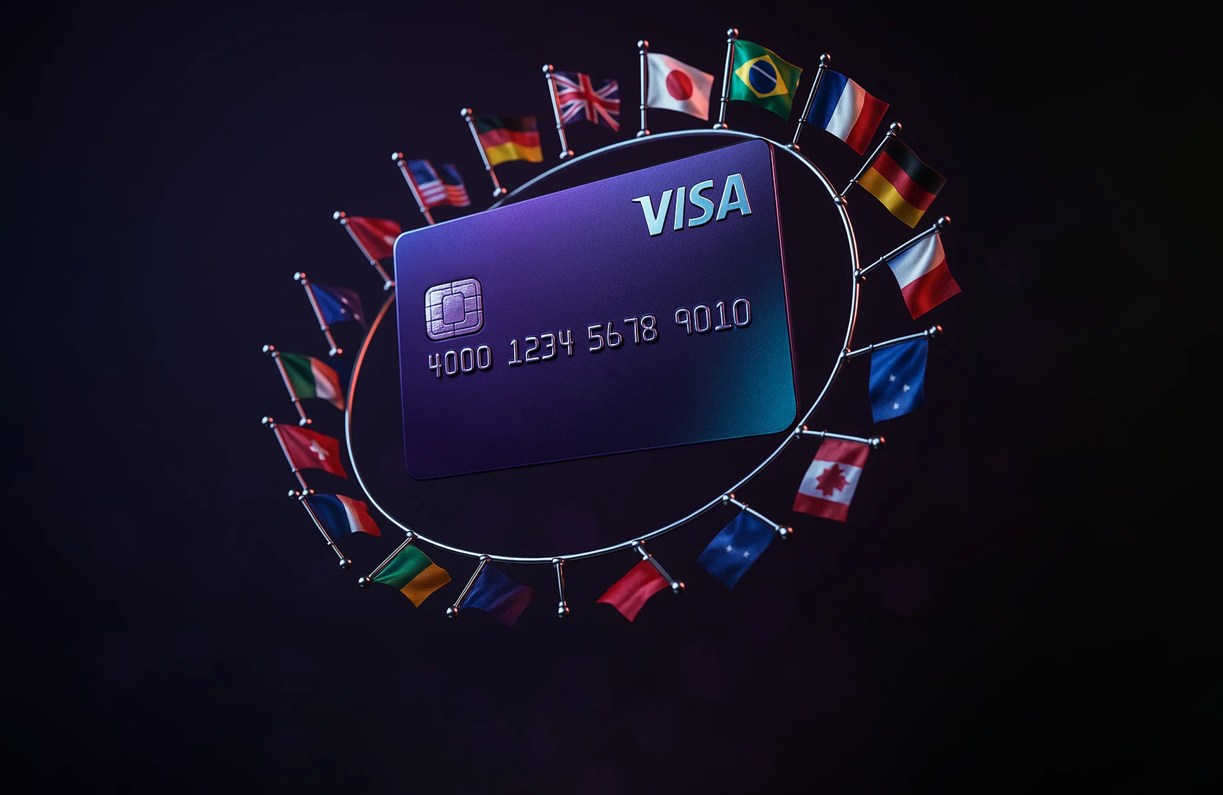 Prepaid Visa cards displayed with various international currency symbols