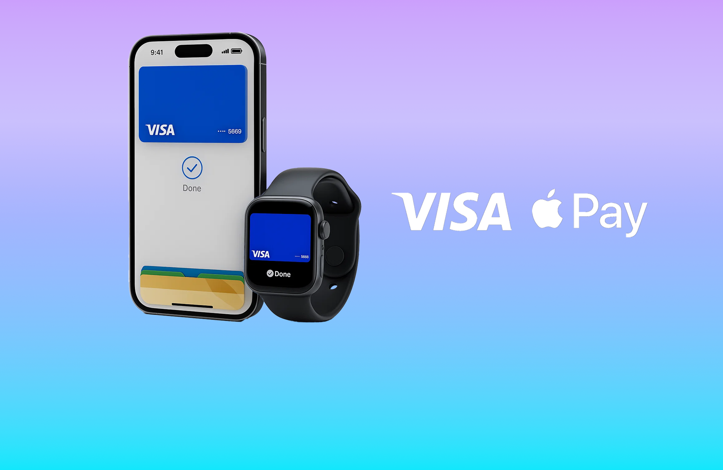 Visa card on phone and watch with Apple Pay logos, showing contactless payment success.