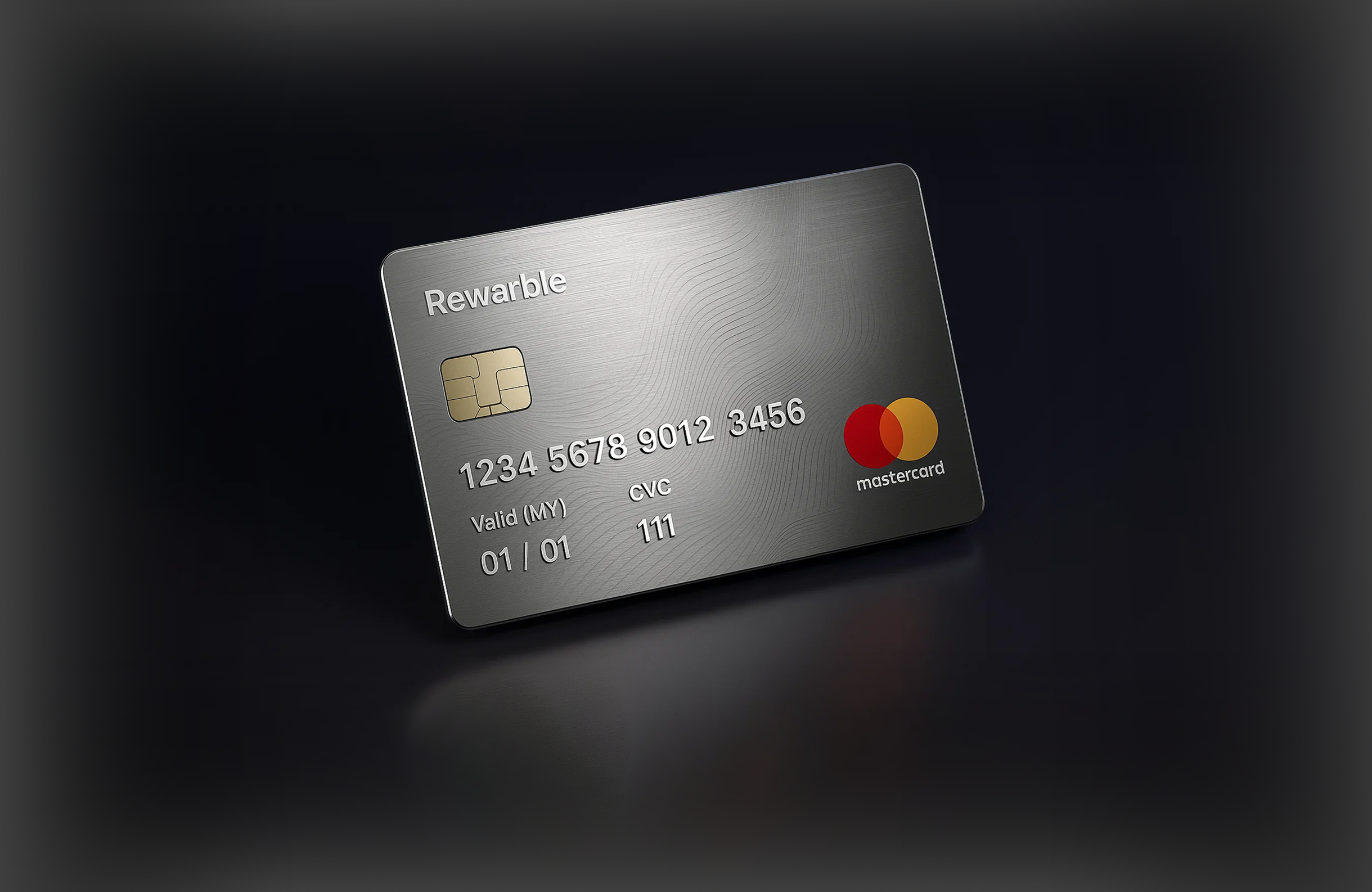 3D rendered Rewarble Mastercard credit card in metallic silver finish floating at an angle against a dark gradient background. 