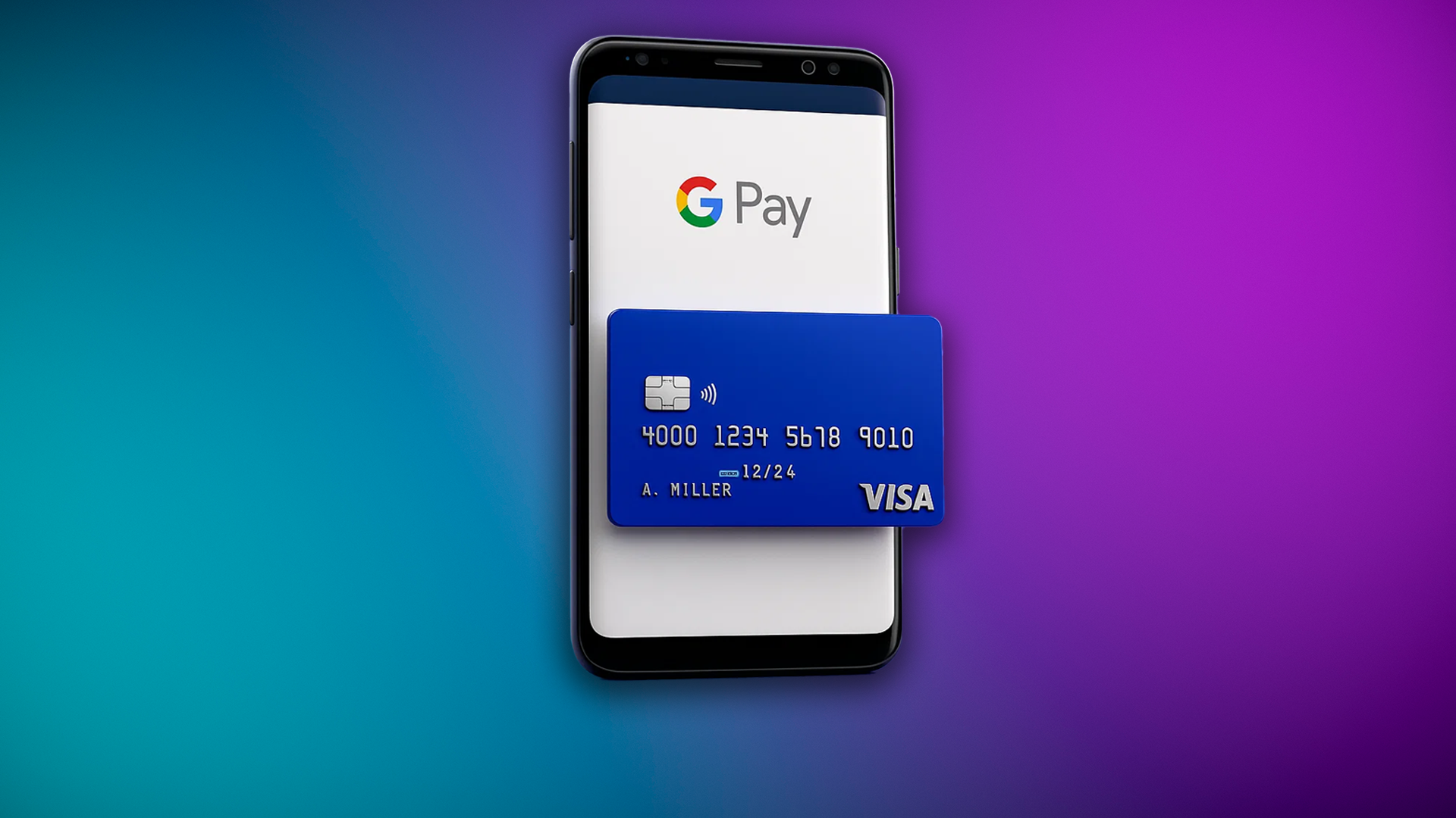 A 3D-rendered smartphone displaying the Google Pay logo and a blue VISA credit card on its screen, set against a vibrant gradient background transitioning from teal blue to purple.